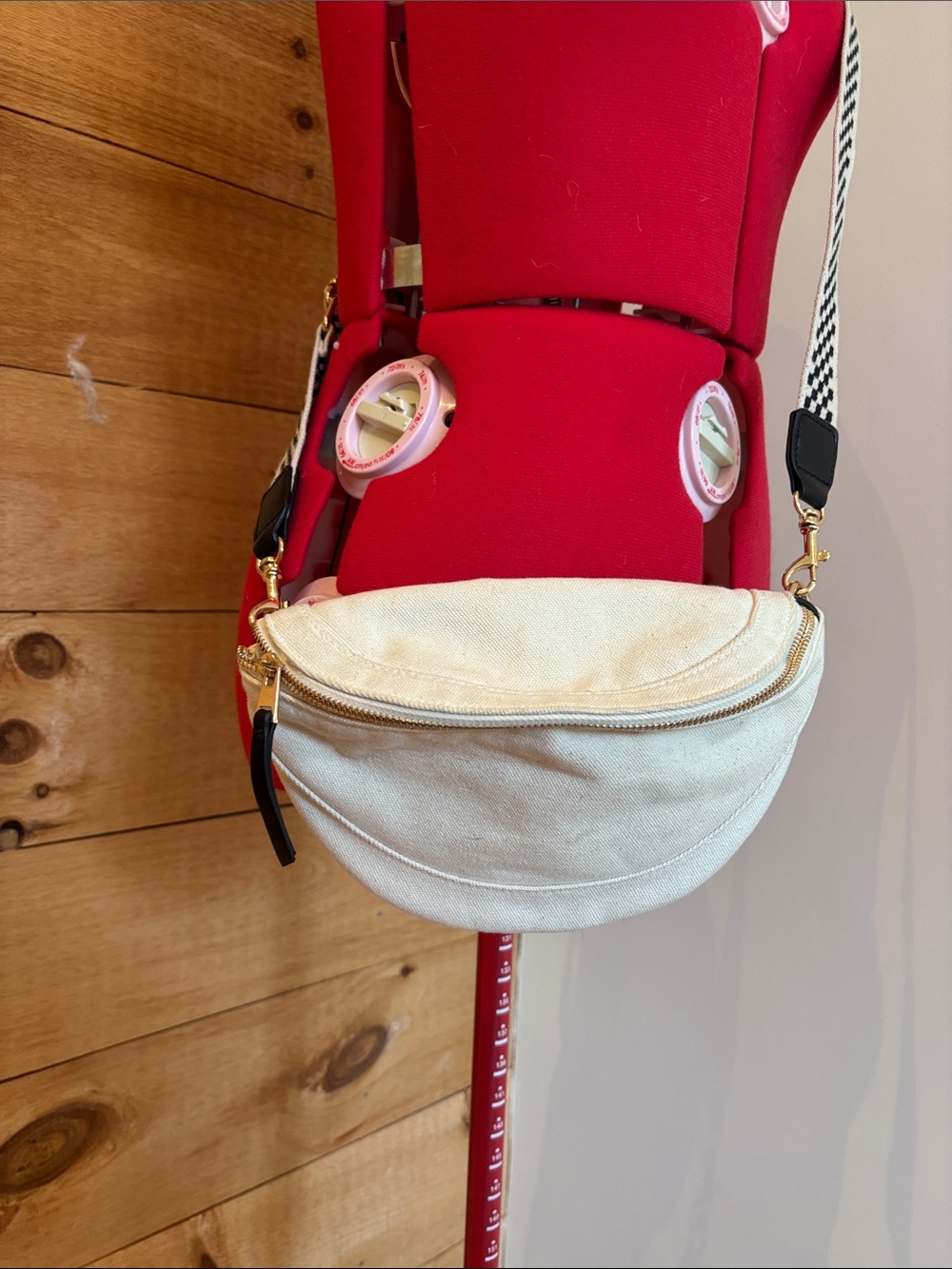 Canvas Crescent Crossbody Bag in Cream with Patterned Strap